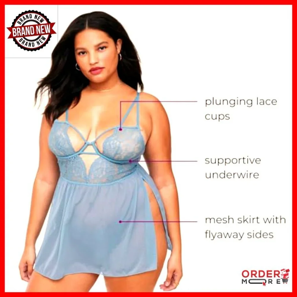 XS-4X Lace Babydoll Dress with Underwire Bra & Thong Set